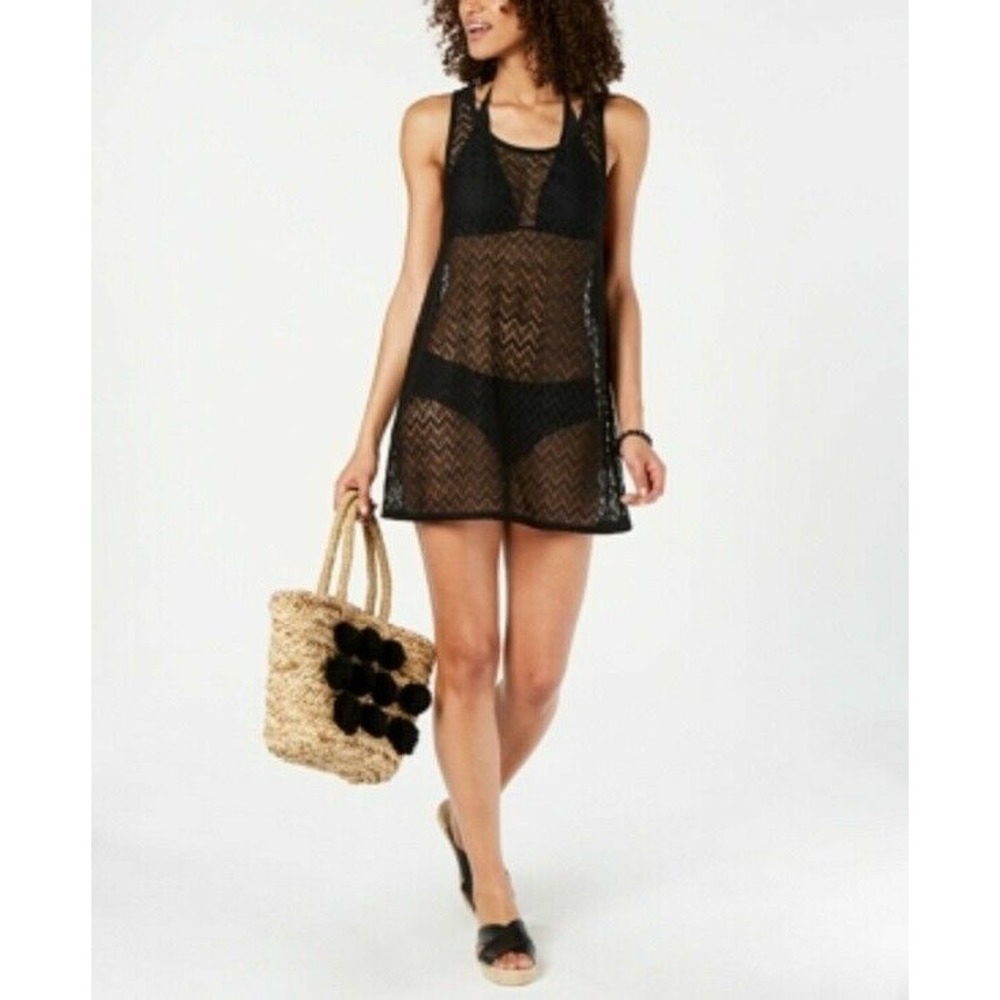 Miken Crocheted Swimsuit Cover-Up Dress‎ With Tassels Size XS Black NEW